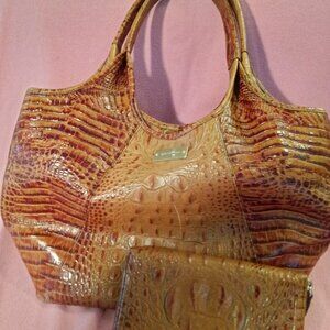 Brahmin Brown / Pecan Leather Croc Double Handle Hobo Purse and Wallet EUC